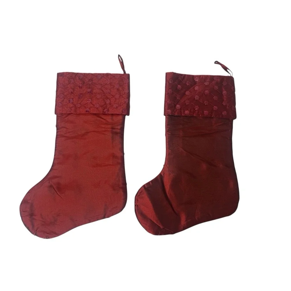Set of 2 Maroon Satin Sequin Elegant Christmas Stockings‎ 18